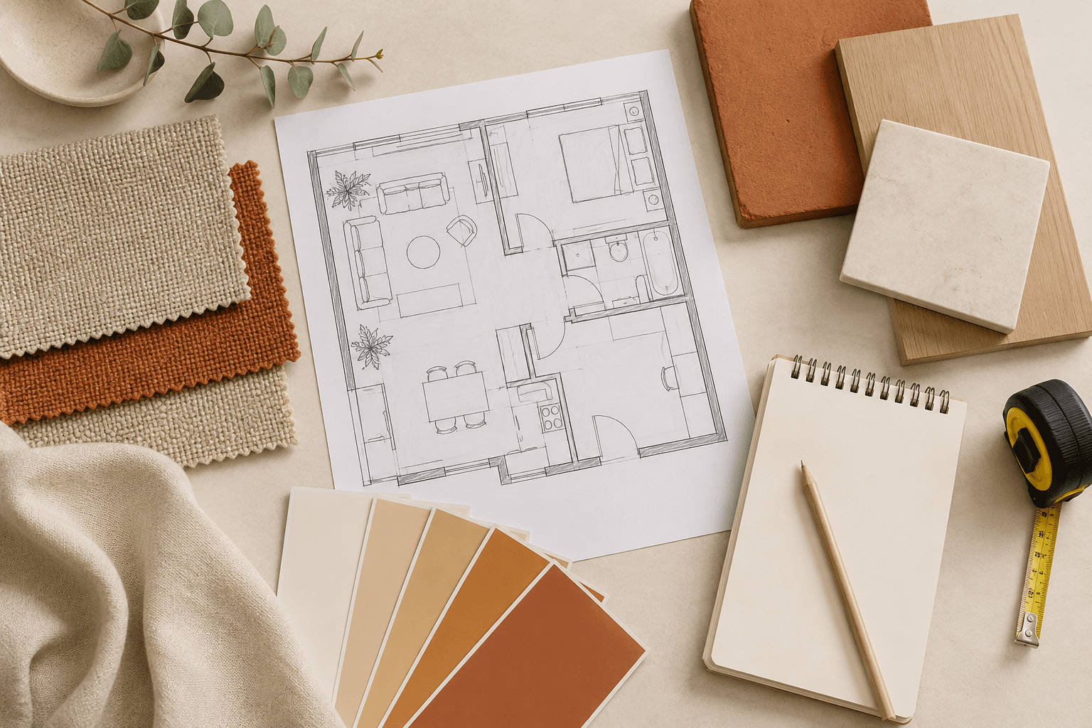 A home planning flat lay with a floor-plan sketch, fabric swatches, paint chips and a notepad