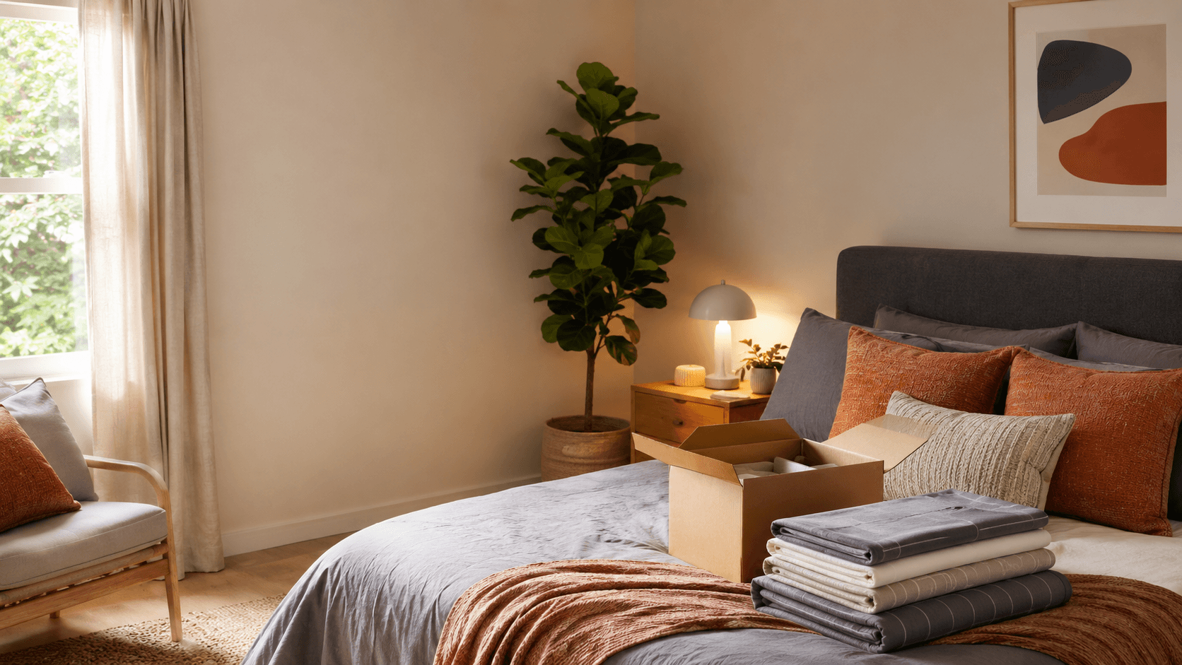 A freshly furnished warm bedroom with an open Crest move-in kit box, folded bedding and an LED bedside lamp