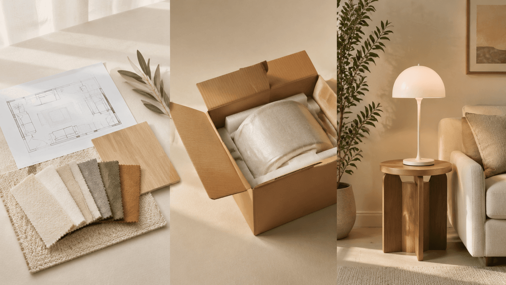 Three still-life scenes showing the Crest journey: a floor plan and swatches, a packed shipping box, and a finished styled room corner