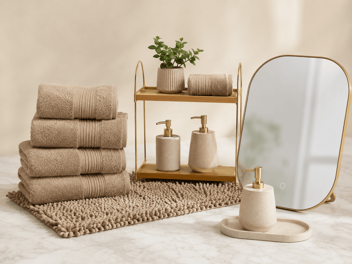 Bathroom Set contents on a warm neutral background