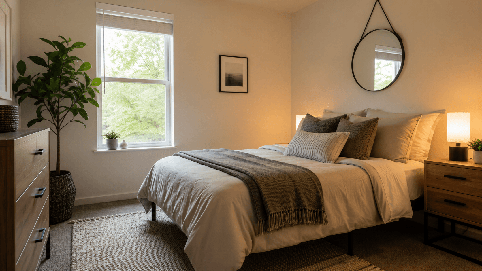 Rental bedroom furnished with the Crest Bedroom Starter Kit